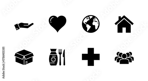 Essential black icons: charity, health, environment, home, and community symbols