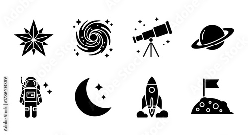 Space silhouette icons: astronomy, planets, telescope, rocket, astronaut