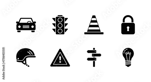 Traffic and safety icons collection: car, helmet, traffic light, lock, and more