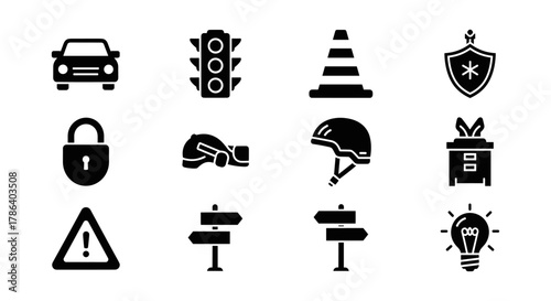 Bold safety icons: traffic, security, and caution symbols
