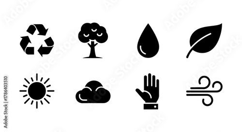 Eco icons set: nature, sustainability, and environmental symbols in black silhouette