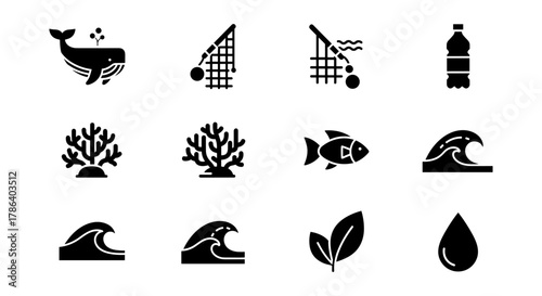 Ocean conservation icons: marine life, pollution, and sustainable practices in minimalist style