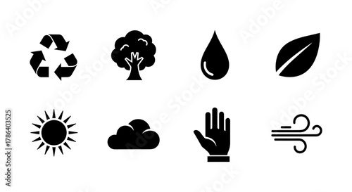 Silhouette eco icons set featuring nature, water, and weather symbols in black