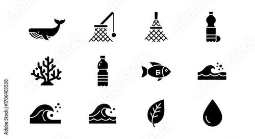 Silhouette icons of marine life and environmental conservation