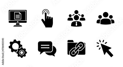 Essential black silhouette icons for digital communication and workflow