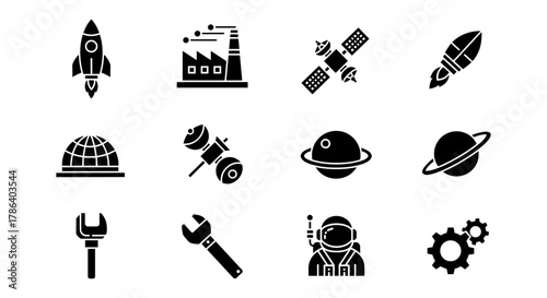 Set of silhouette space icons featuring rocket, astronaut, and planet