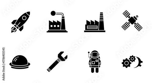 Space and industry silhouettes: rocket, factory, satellite, astronaut, and tools