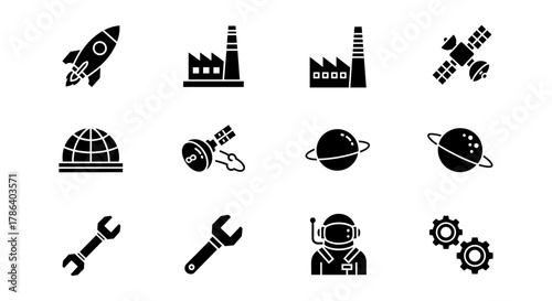 Space exploration icons featuring rockets, satellites, astronauts, and gear