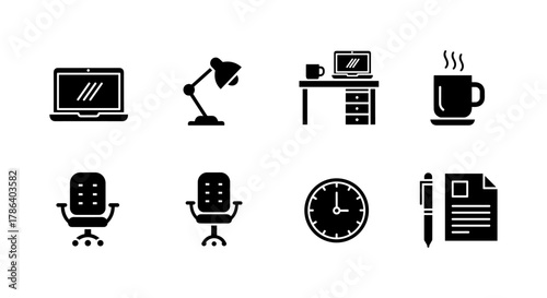 Minimalist office icons set featuring desk, computer, and coffee cup