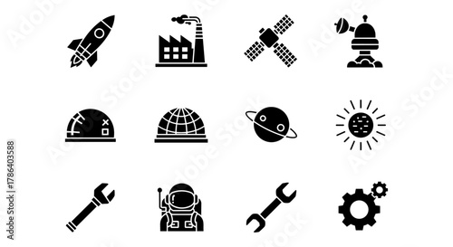 Space exploration icons: rocket, satellite, astronaut, and more in silhouette style