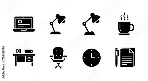 Silhouette icons of office essentials: laptop, lamp, coffee, desk, chair, clock, pen, documents