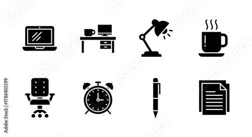 Black silhouette office icons featuring desk chair and coffee mug