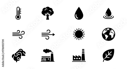 Eco-friendly icons set featuring temperature, nature, and industrial elements