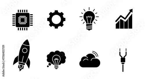 Innovative technology and business growth icons collection in simple silhouette format