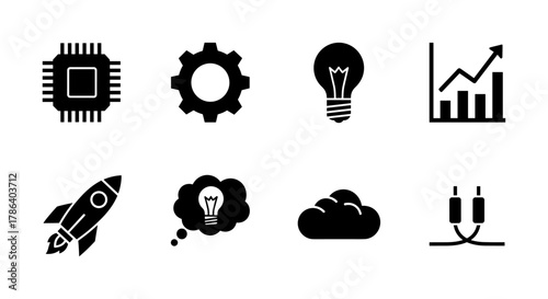 Minimalist silhouette icons: technology, innovation, and growth symbols