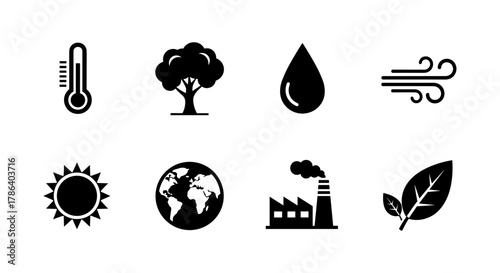 Essential environmental icons set: energy, nature, and climate themes in simple black silhouette style