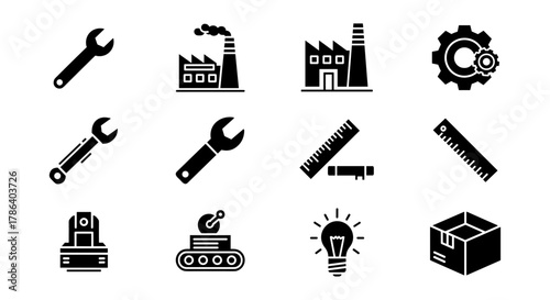 Industrial tools and factory icons set in bold silhouette style