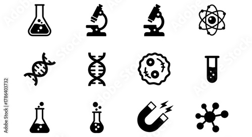 Science icons set: microscope, dna, lab equipment, and more in linear style