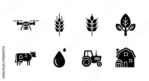 Modern farming icons: agriculture, technology, and sustainability elements