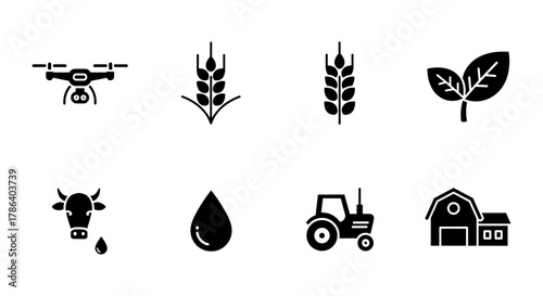Farming technology icons: drone, crops, tractor, barn, and more in bold design