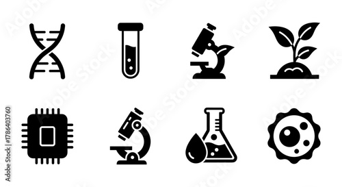 Science and technology icons featuring chemistry, biology, and microbiology elements