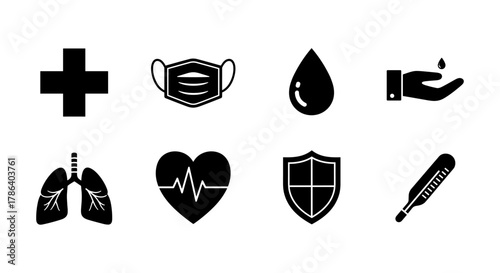 Essential health and safety icons: mask, thermometer, heartbeat, shield, and more
