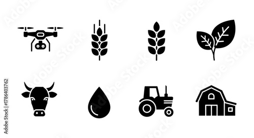 Silhouette icons of modern farming: drone, agriculture, and rural elements