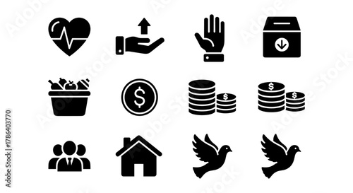 Essential black simple icon set: health, finance, shopping, and community symbols
