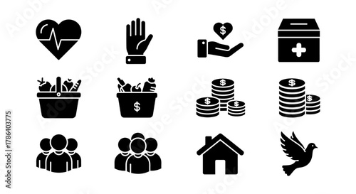 Charity and donation icons collection in bold black and white silhouette style