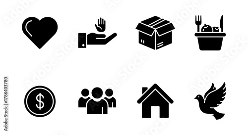 Minimalist icon set featuring love, charity, donation, and community themes