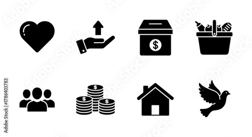 Charity and donation icons: heart, helping hand, money box, and more