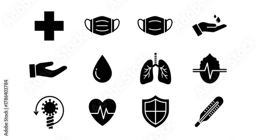 Healthcare icons set featuring medical masks, hand sanitizer, heartbeat, and more in black silhouette style