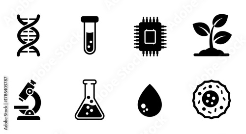 Science icons set: dna, microscope, microchip, test tube, flask, droplet, plant, cell