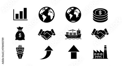 Business and trade icons: global, financial, shipping, and industry graphics in silhouette style