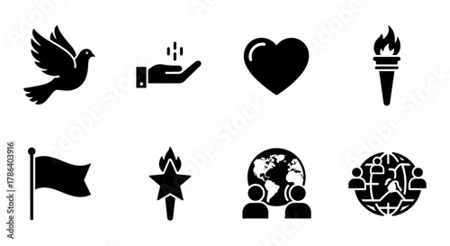 Peace and unity icons: dove, torch, heart, and global symbols in bold silhouette