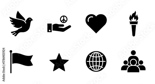 Icon set featuring peace dove, heart, globe, torch, and more symbolic elements in black silhouette