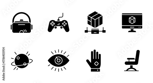 Gaming technology icons: vr, console, cube, monitor, space, eye, hand, chair silhouettes
