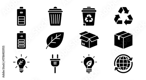 Eco-friendly icons set featuring recycling, energy, and sustainability symbols