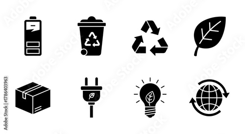 Eco-friendly icon set: battery, recycling, leaf, and global sustainability symbols