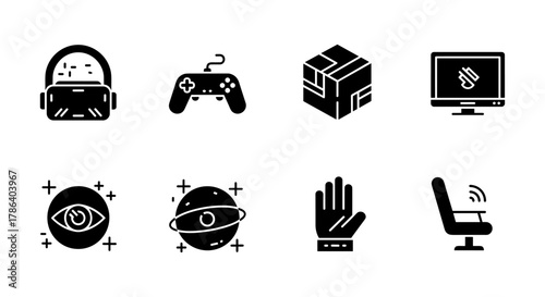Stylish black game elements: virtual reality, gaming icons, tech interface