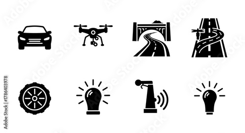 Transport and technology icons: car, drone, roads, and smart city elements in bold silhouette design