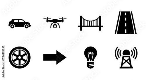Transportation and technology icons: cars, drones, bridges, and more in bold silhouette