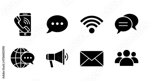 Communication icon set featuring chat, broadcast, and connectivity in silhouette style