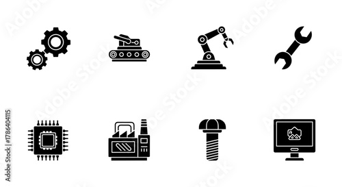 Industrial machinery icons in black silhouette for technology and manufacturing themes