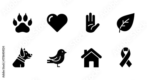 Minimalistic black silhouette icons of nature, animals, and symbols