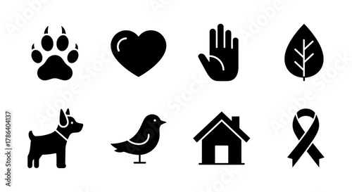 Set of simple black silhouette icons including heart, hand, dog, bird, and house