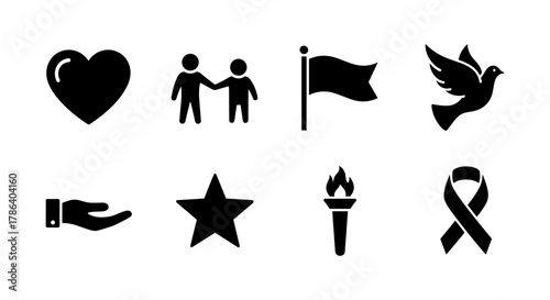 Black silhouette icons of unity, freedom, and hope