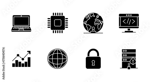 Technology and security icons: laptop, chip, globe, code, graph, network, lock, server design