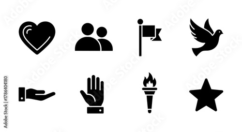 Collection of minimalist symbols: heart, people, flag, dove, hand, torch, star