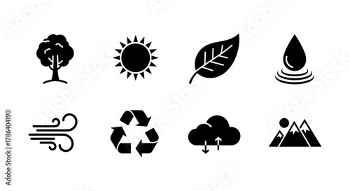 Eco icons collection: nature, sustainability, and climate symbols in simple black silhouette style